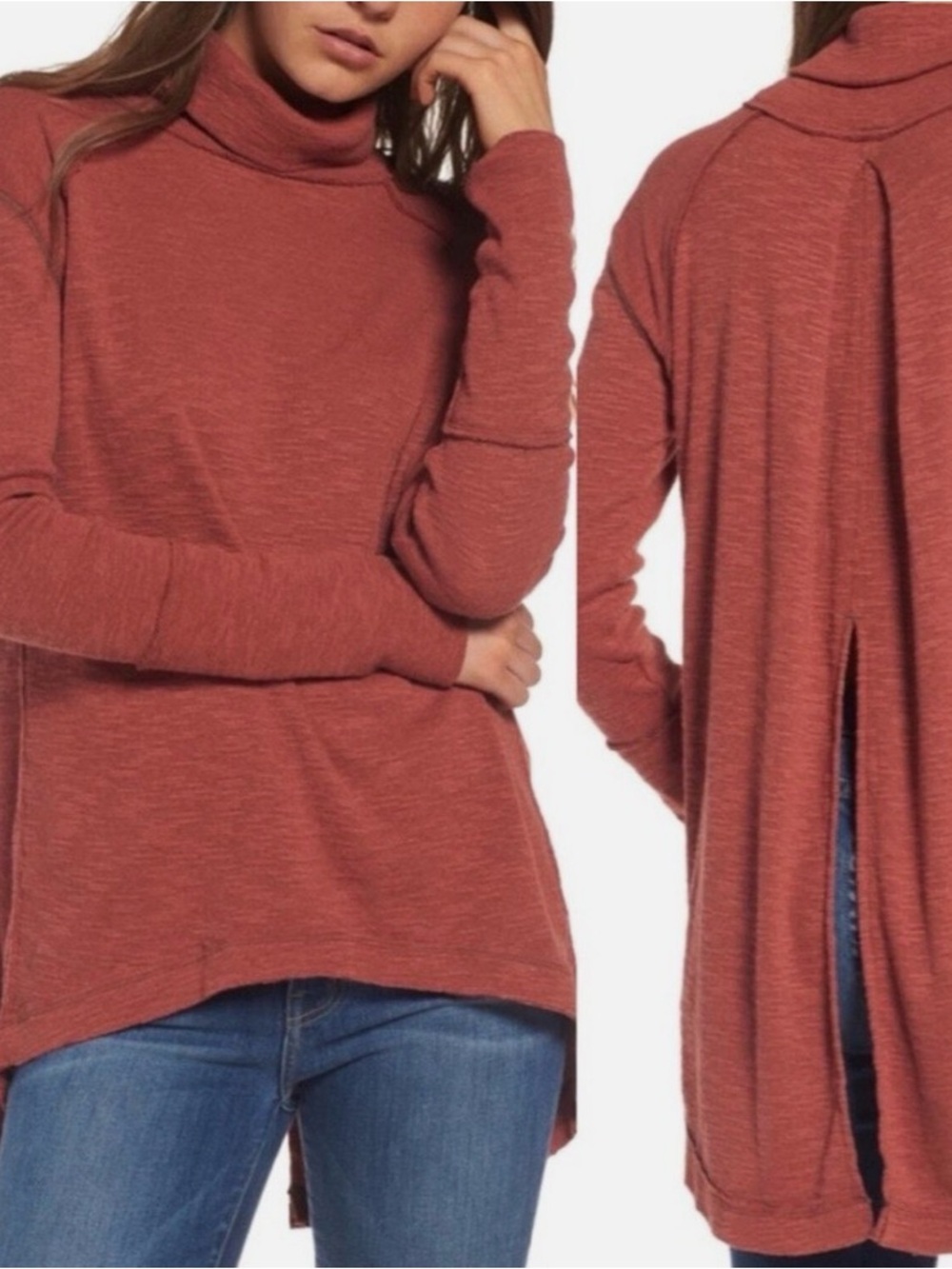 Free People We The Free Sienna Rust Split Back Turtleneck Thermal Large Cowl
